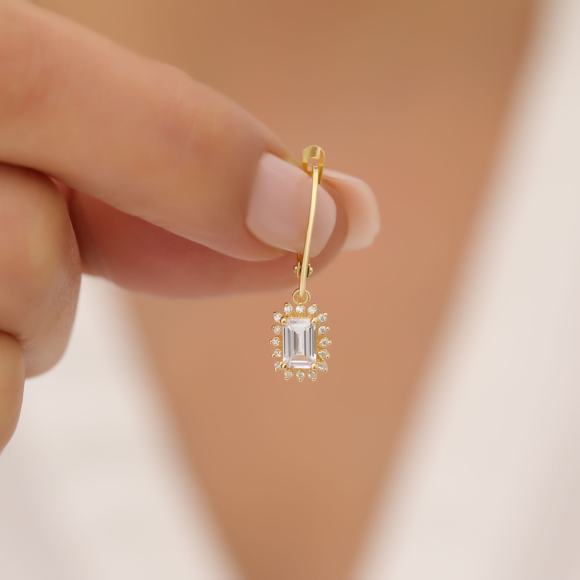 White Topaz Rectangle Halo Dangling Earrings surrounded by Real Diamonds in 14K Solid Gold, April Birthstone Jewelry Queen Jewelry Earrings