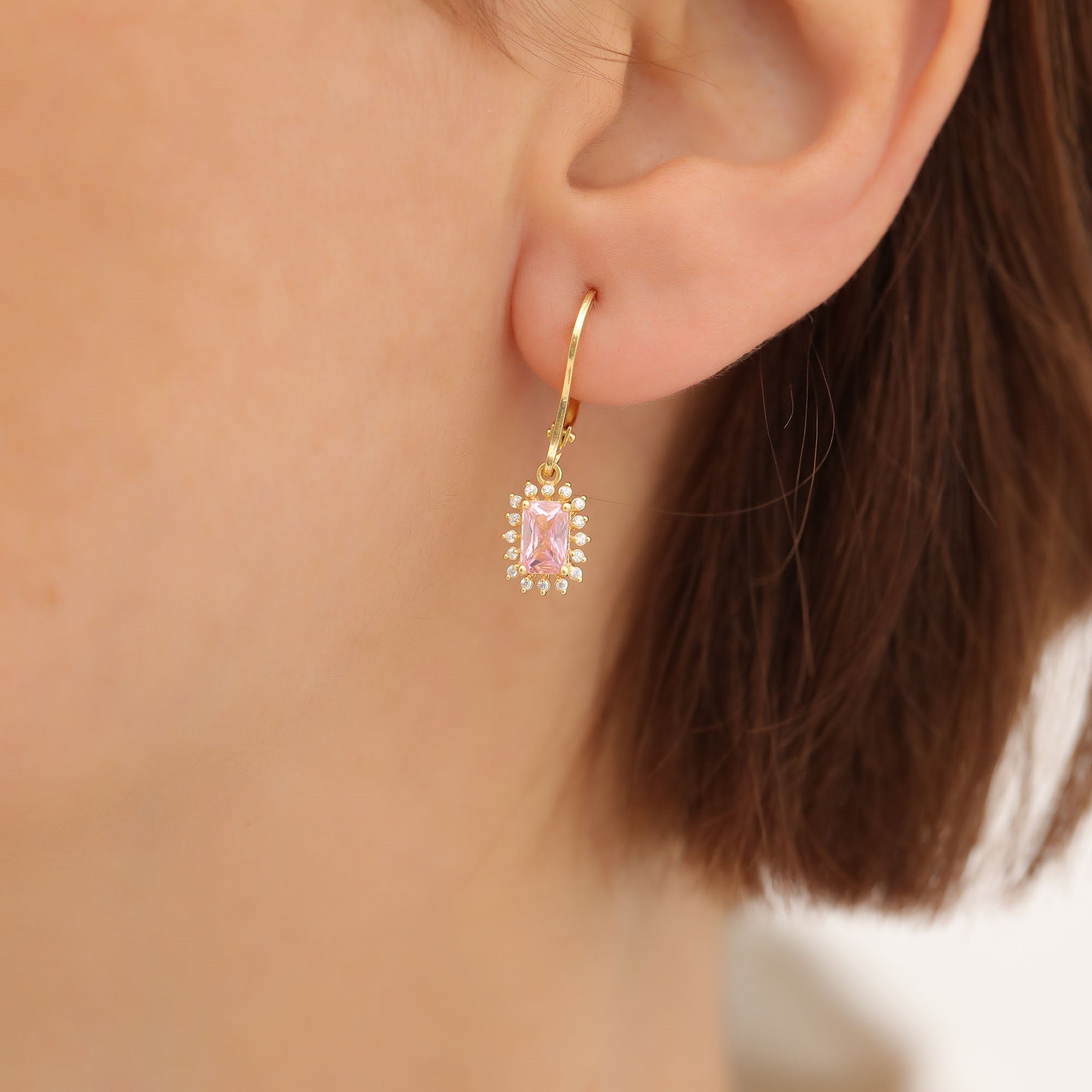 Pink Tourmaline Rectangle Halo Dangling Earrings surrounded by Real Diamonds in 14K Solid Gold, October Birthstone Jewelry Queen Jewelry Earrings