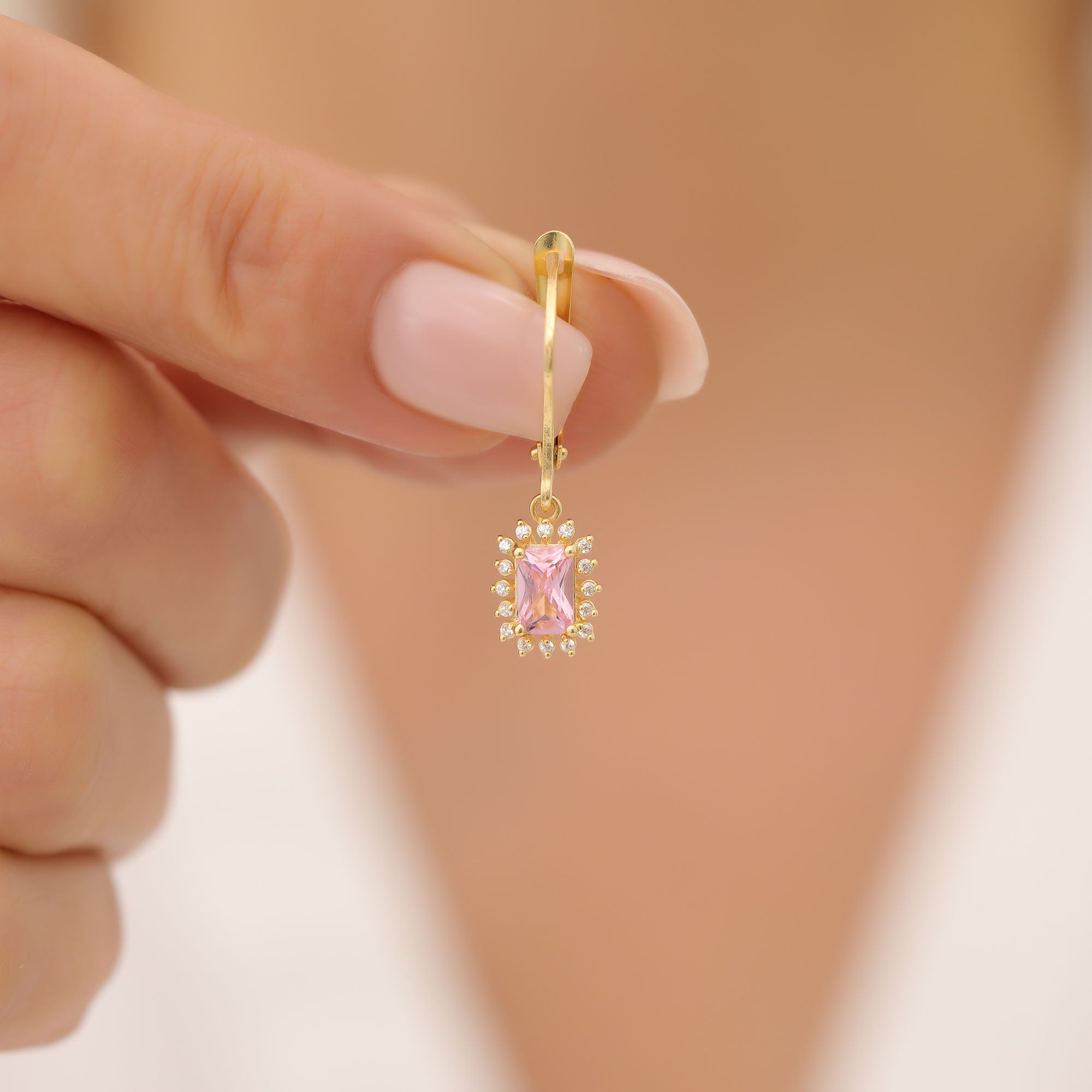 Pink Tourmaline Rectangle Halo Dangling Earrings surrounded by Real Diamonds in 14K Solid Gold, October Birthstone Jewelry Queen Jewelry Earrings