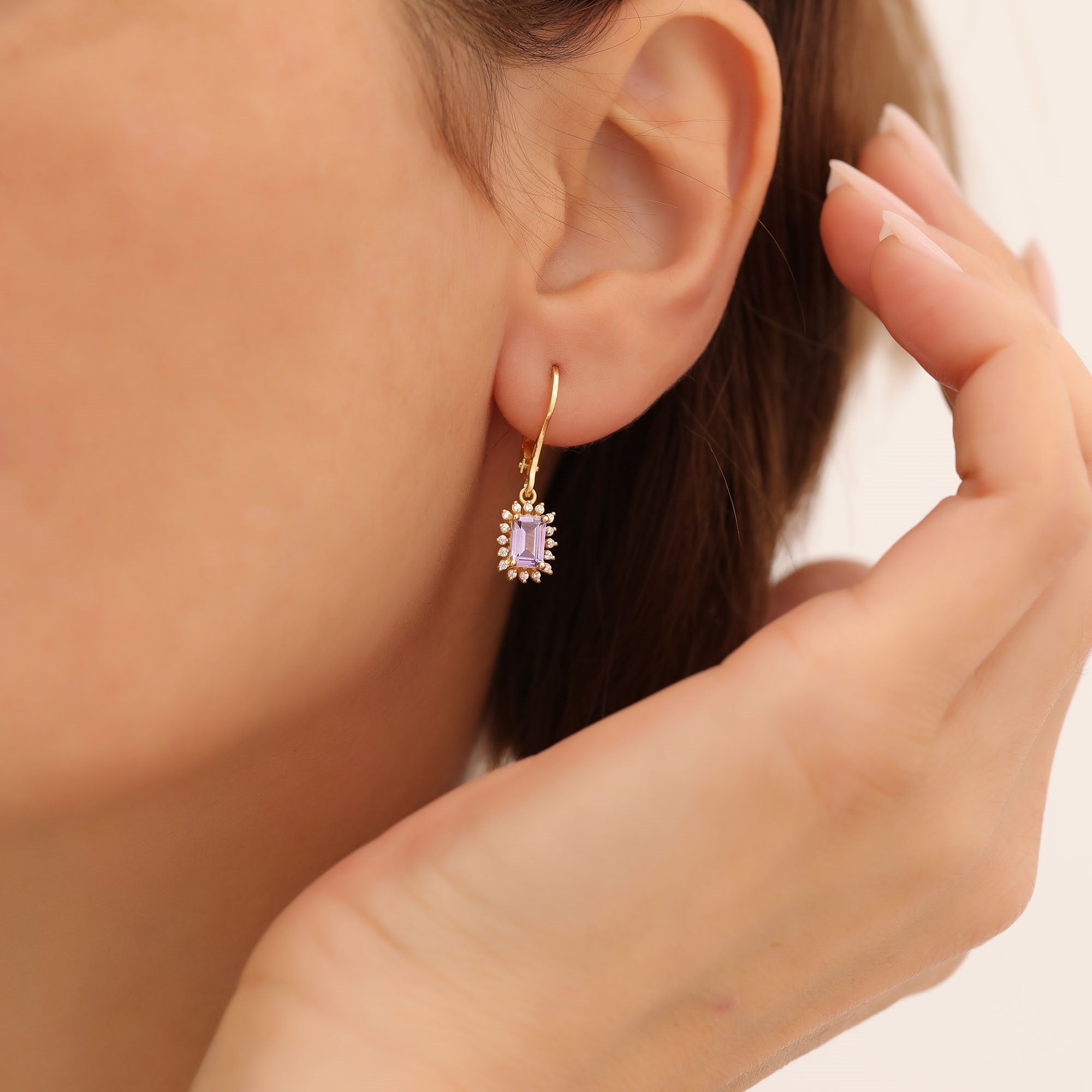 Alexandrite Rectangle Halo Dangling Earrings surrounded by Real Diamonds in 14K Solid Gold, June Birthstone Jewelry Queen Jewelry Earrings