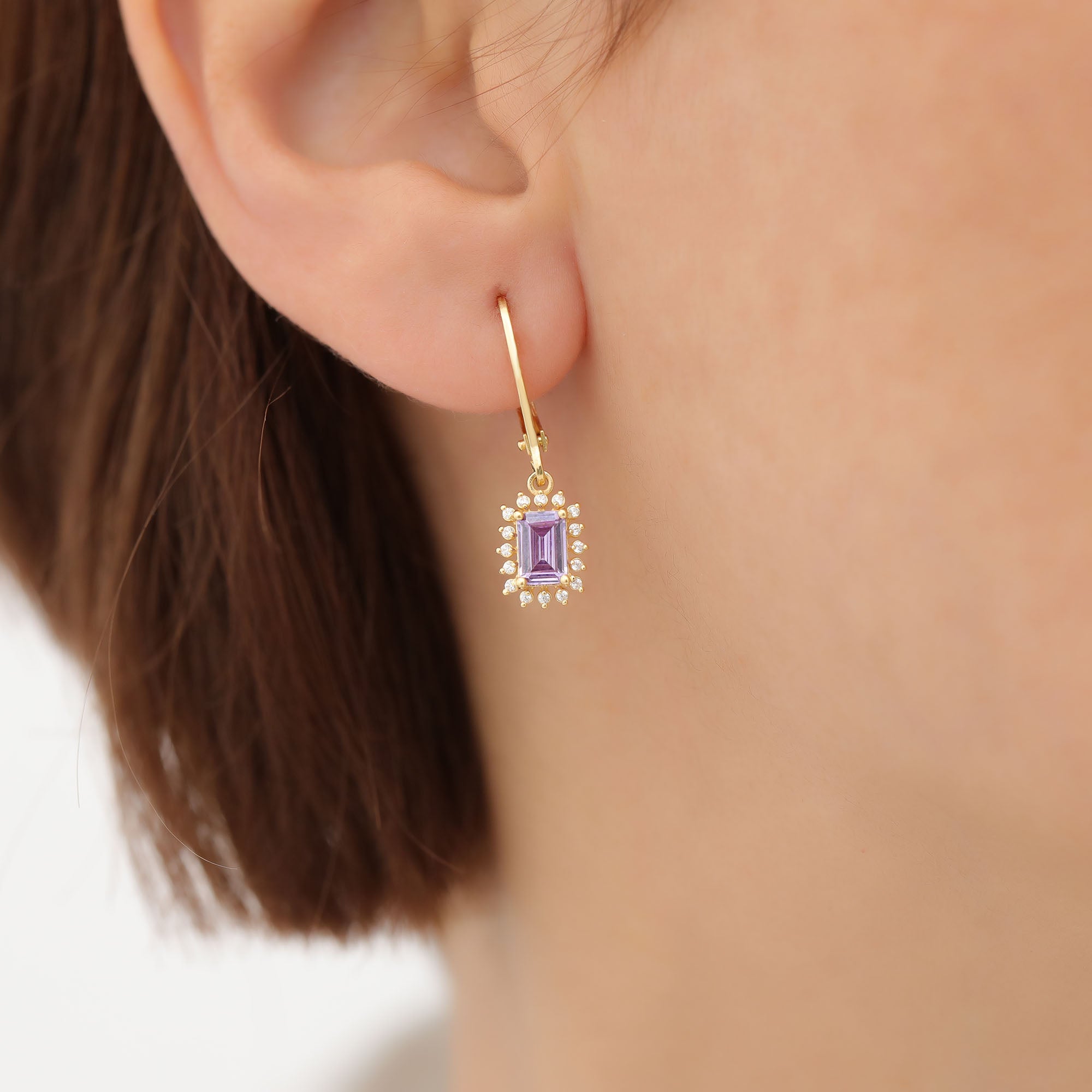 Alexandrite Rectangle Halo Dangling Earrings surrounded by Real Diamonds in 14K Solid Gold, June Birthstone Jewelry Queen Jewelry Earrings