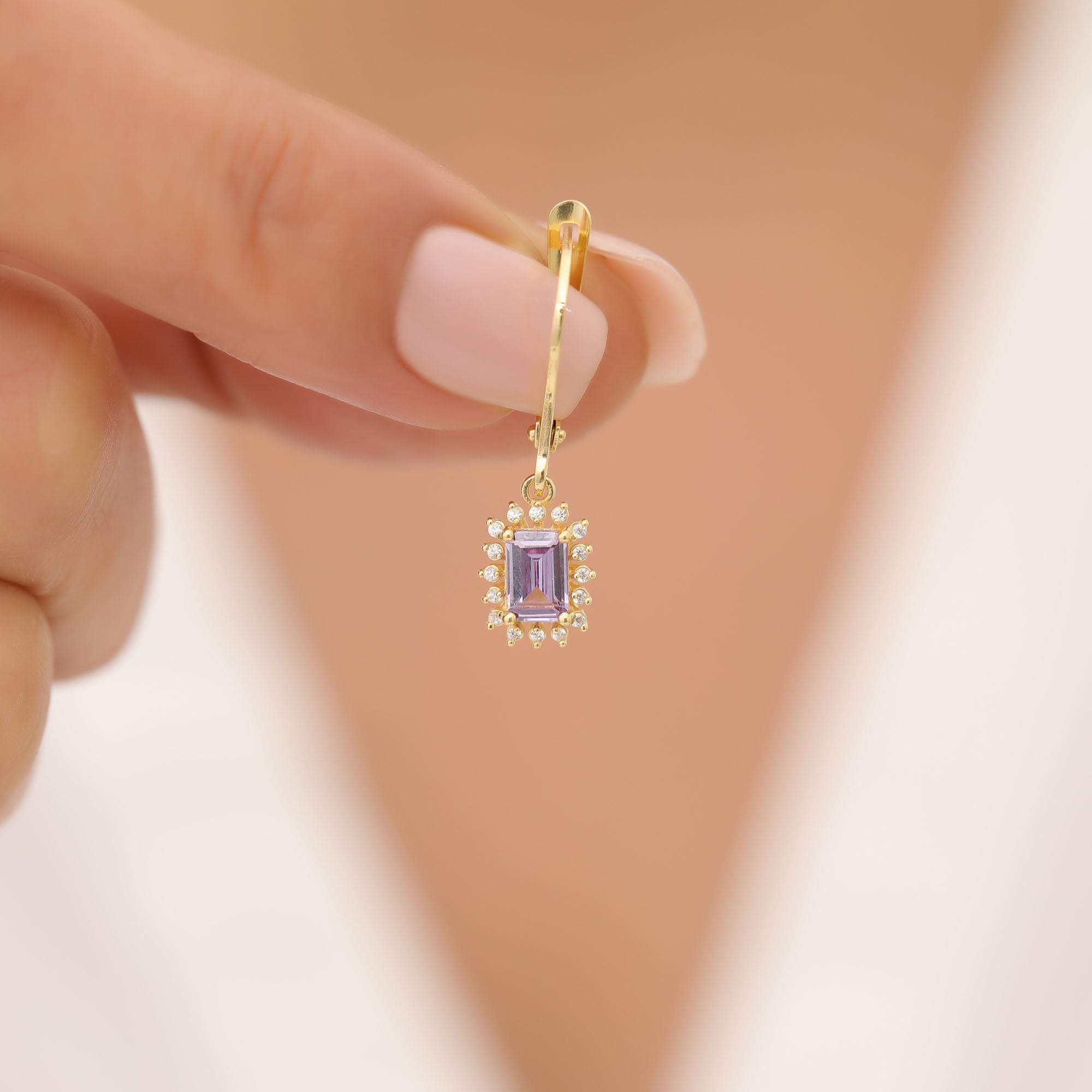 Alexandrite Rectangle Halo Dangling Earrings surrounded by Real Diamonds in 14K Solid Gold, June Birthstone Jewelry Queen Jewelry Earrings