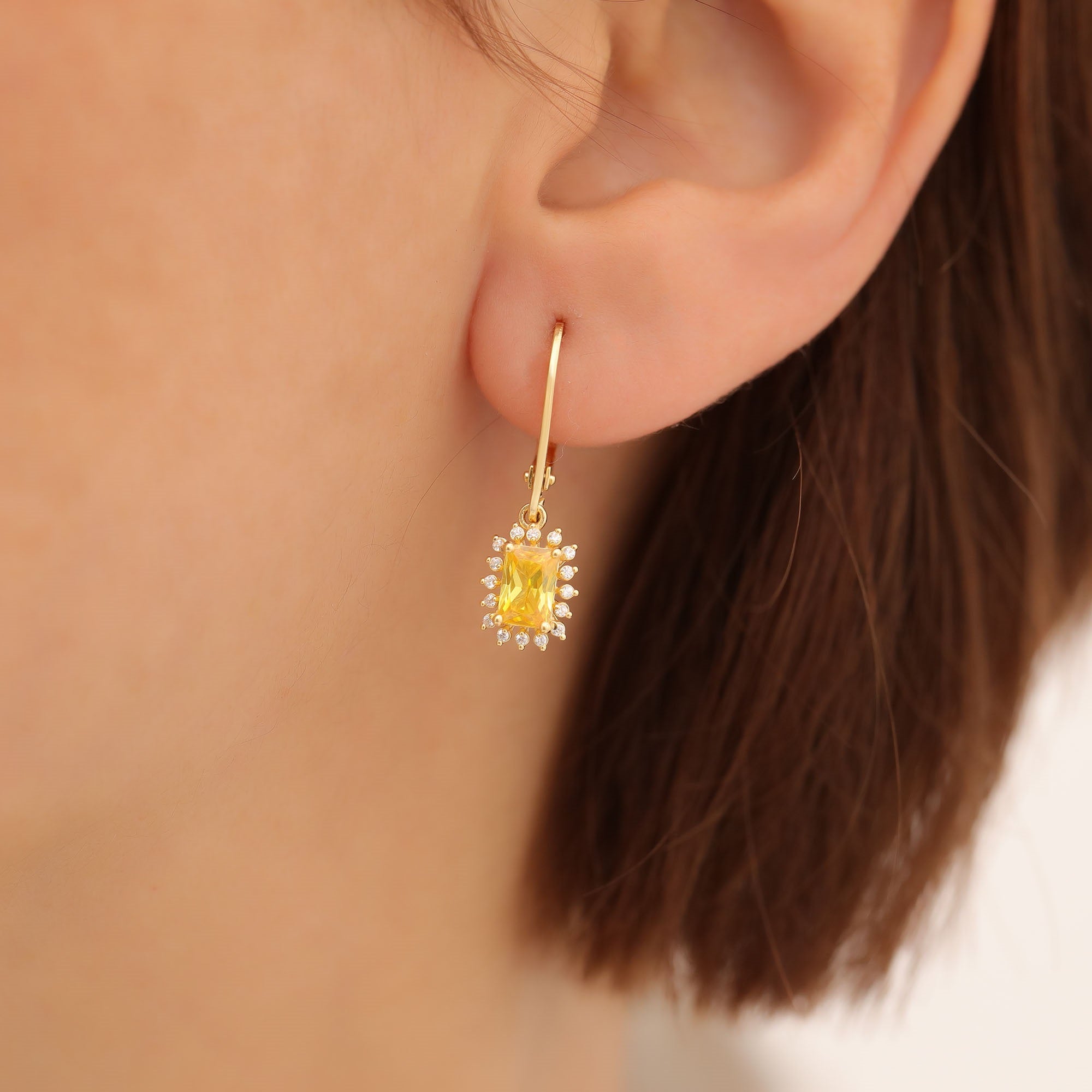Yellow Topaz Rectangle Halo Dangling Earrings surrounded by Real Diamonds in 14K Solid Gold, Birthstone Jewelry Queen Jewelry Earrings