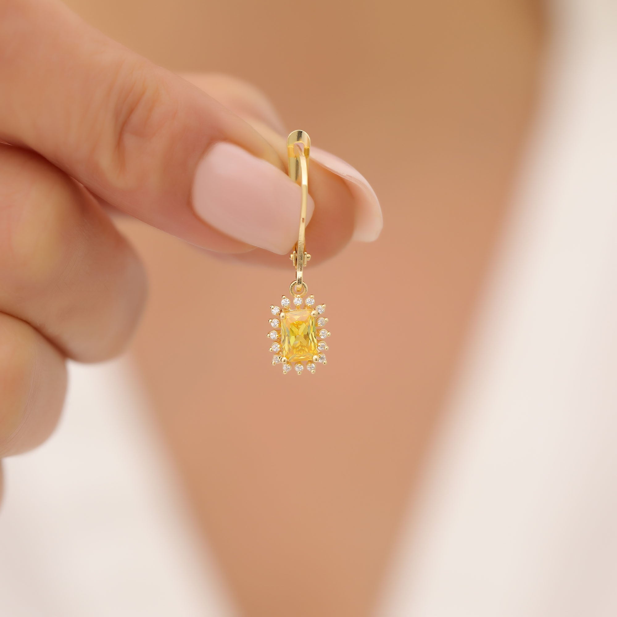 Yellow Topaz Rectangle Halo Dangling Earrings surrounded by Real Diamonds in 14K Solid Gold, Birthstone Jewelry Queen Jewelry Earrings