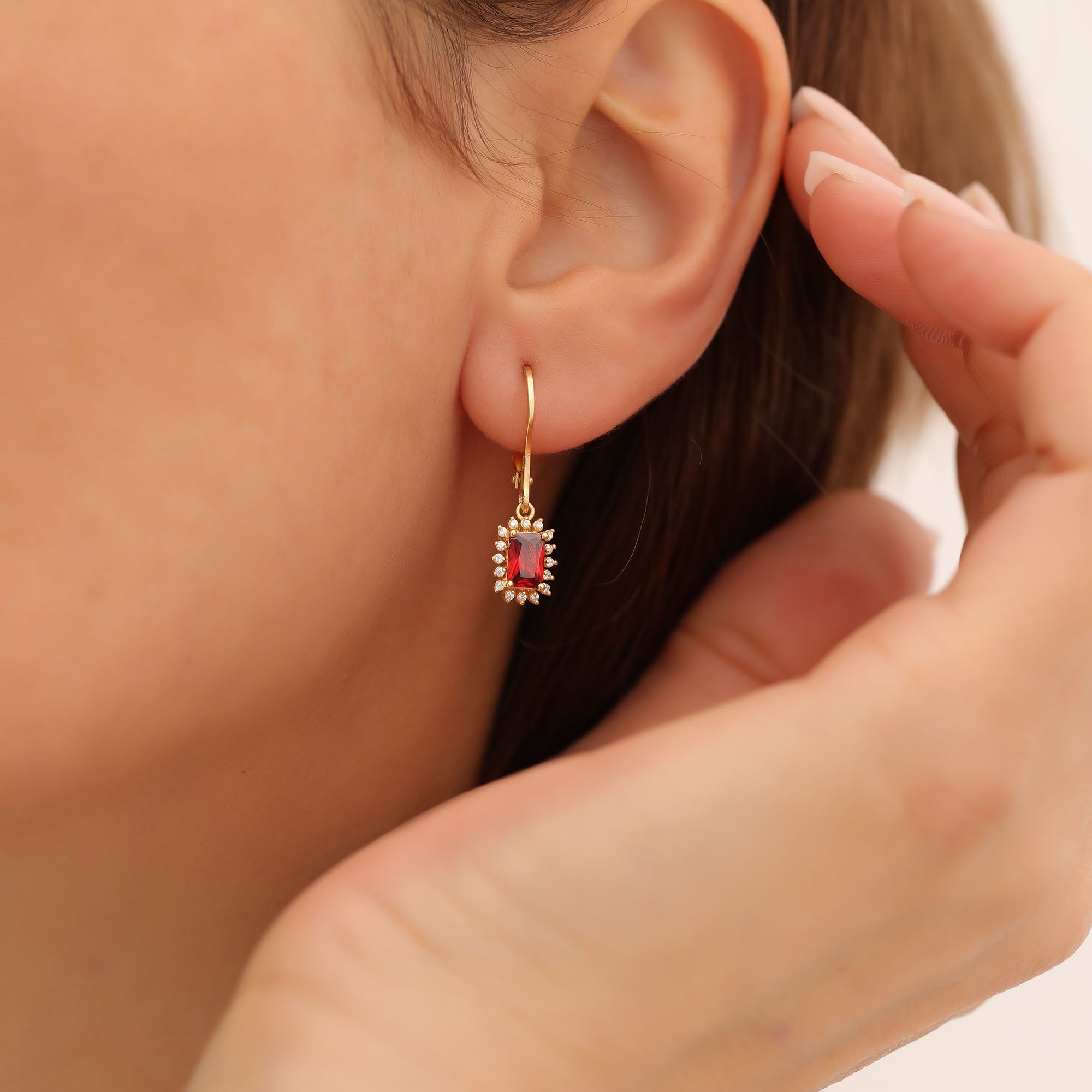 Garnet Rectangle Halo Dangling Earrings surrounded by Real Diamonds in 14K Solid Gold, January Birthstone Jewelry Queen Jewelry Earrings