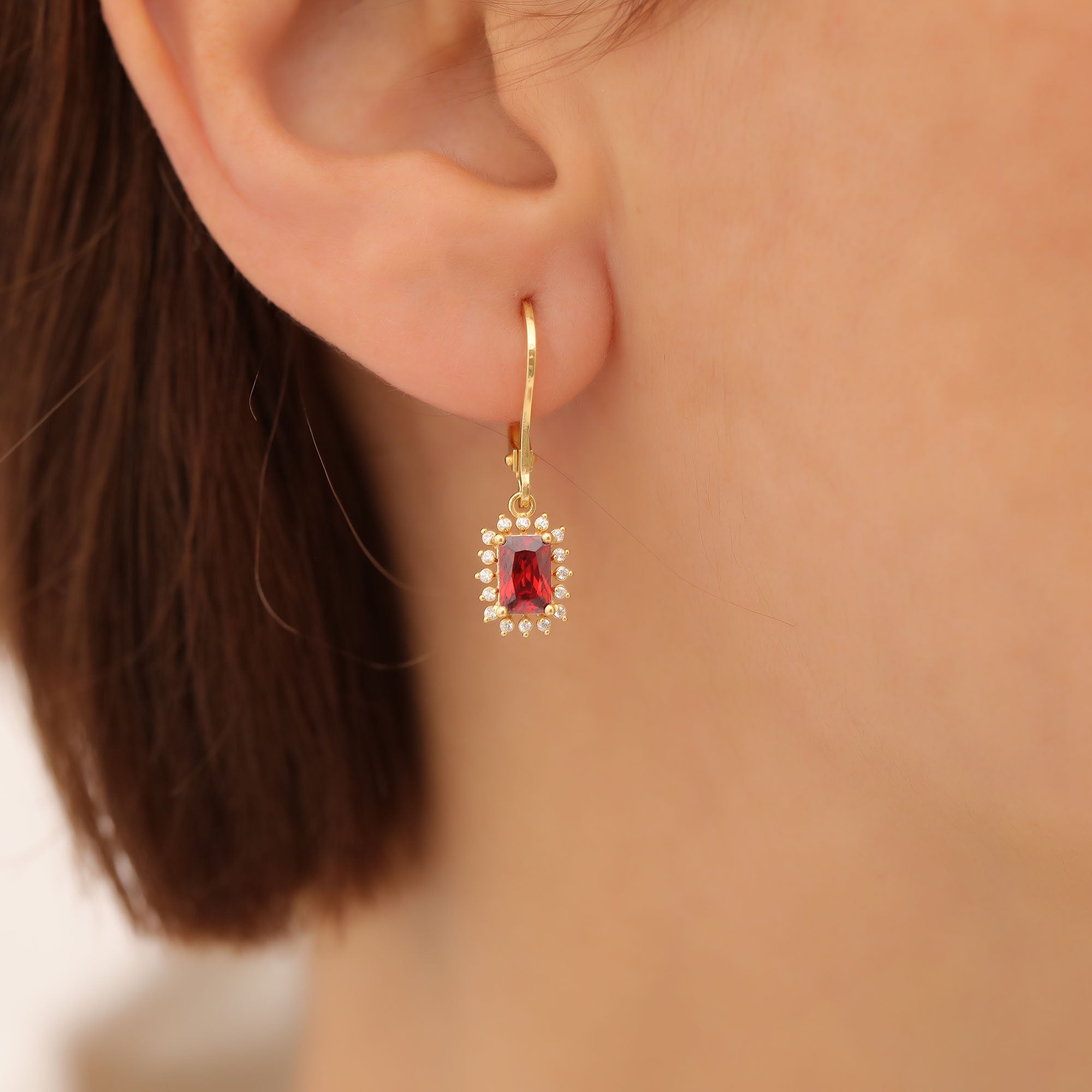 Garnet Rectangle Halo Dangling Earrings surrounded by Real Diamonds in 14K Solid Gold, January Birthstone Jewelry Queen Jewelry Earrings