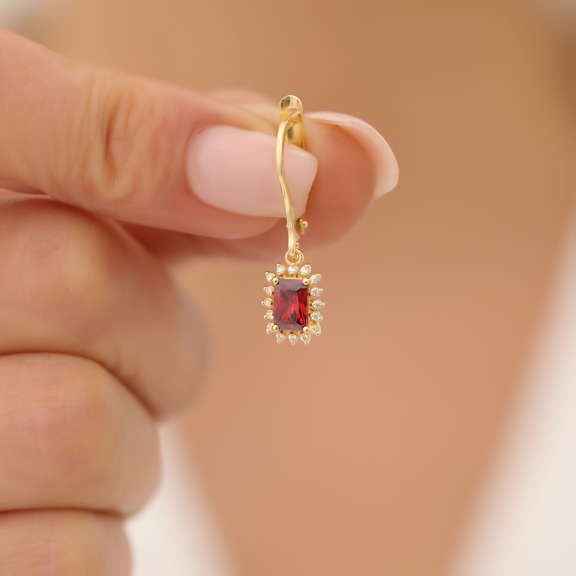 Garnet Rectangle Halo Dangling Earrings surrounded by Real Diamonds in 14K Solid Gold, January Birthstone Jewelry Queen Jewelry Earrings