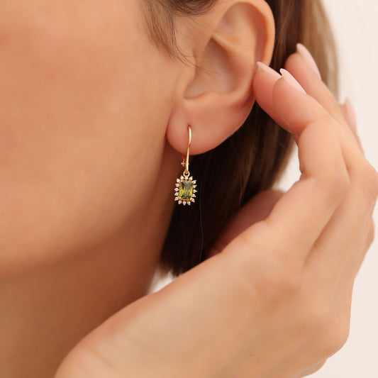 Peridot Rectangle Halo Dangling Earrings surrounded by Real Diamonds in 14K Solid Gold, August Birthstone Jewelry Queen Jewelry Earrings