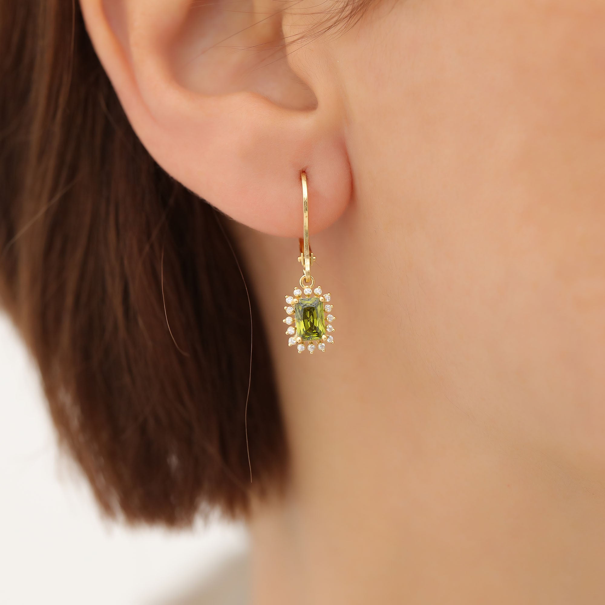 Peridot Rectangle Halo Dangling Earrings surrounded by Real Diamonds in 14K Solid Gold, August Birthstone Jewelry Queen Jewelry Earrings