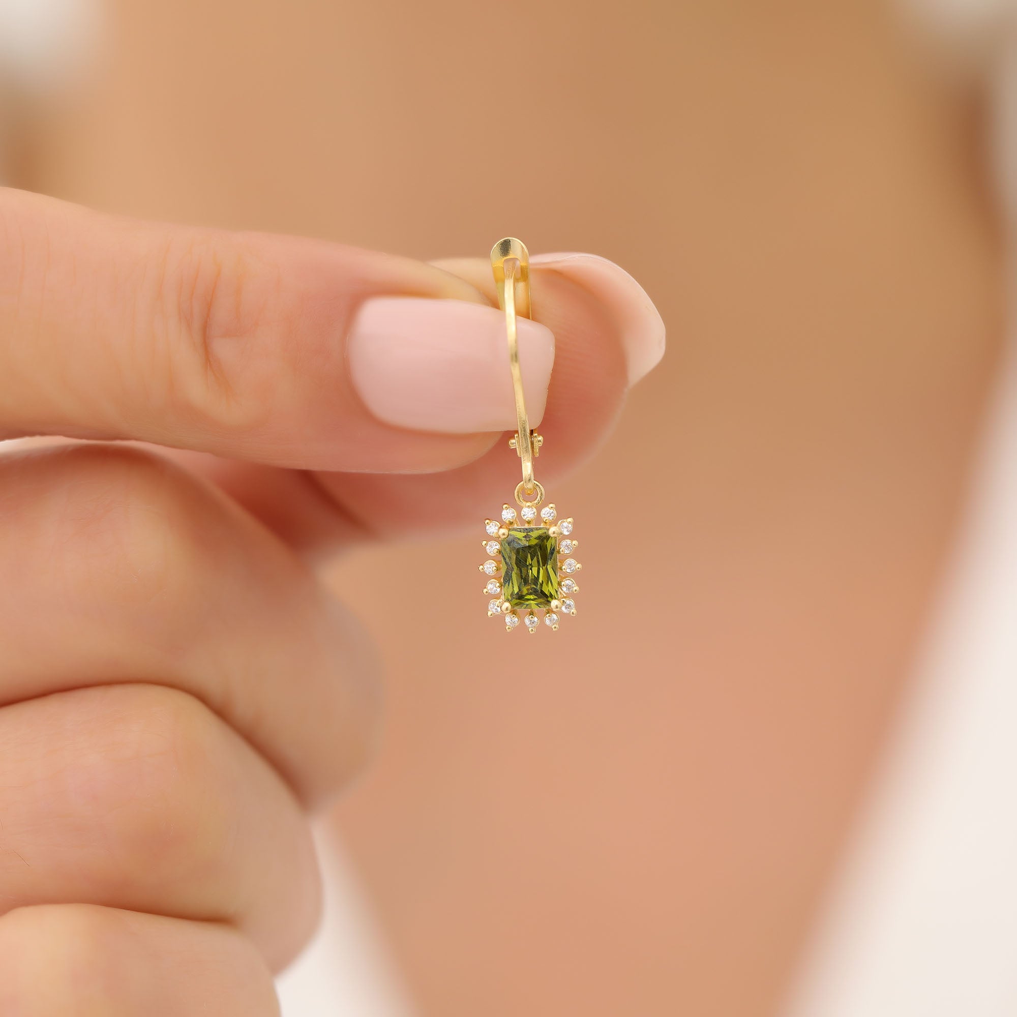 Peridot Rectangle Halo Dangling Earrings surrounded by Real Diamonds in 14K Solid Gold, August Birthstone Jewelry Queen Jewelry Earrings