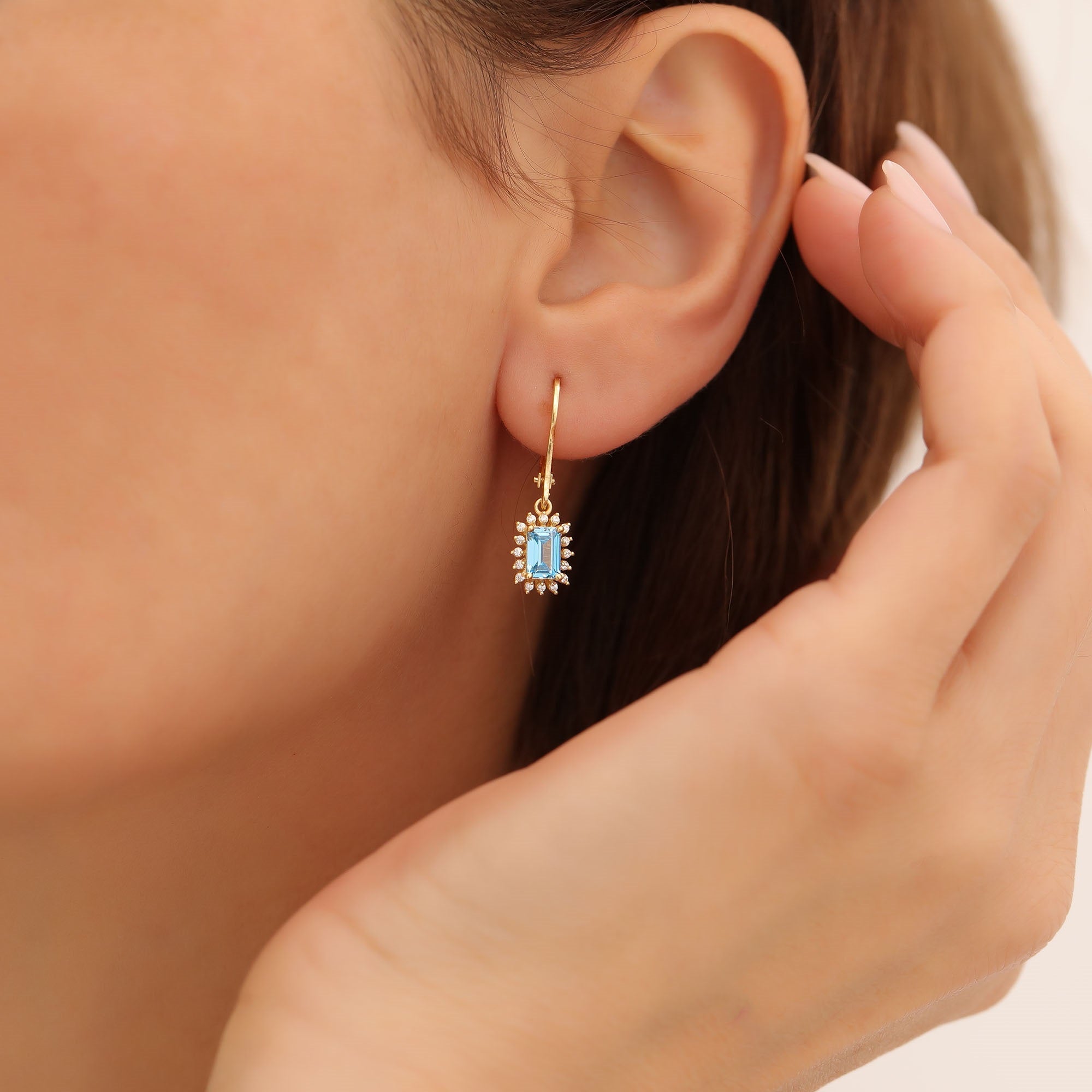 Blue Topaz Rectangle Halo Dangling Earrings surrounded by Real Diamonds in 14K Solid Gold, December Birthstone Jewelry Queen Jewelry Earrings