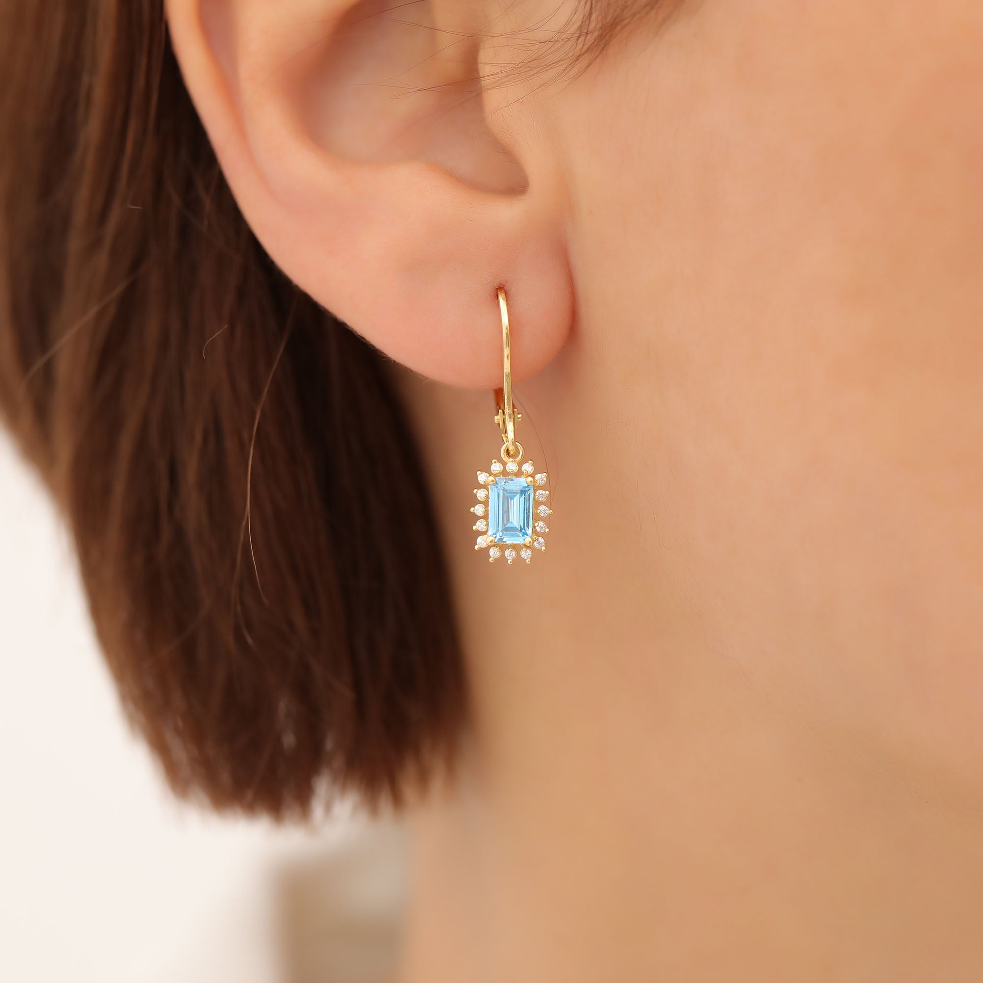 Blue Topaz Rectangle Halo Dangling Earrings surrounded by Real Diamonds in 14K Solid Gold, December Birthstone Jewelry Queen Jewelry Earrings