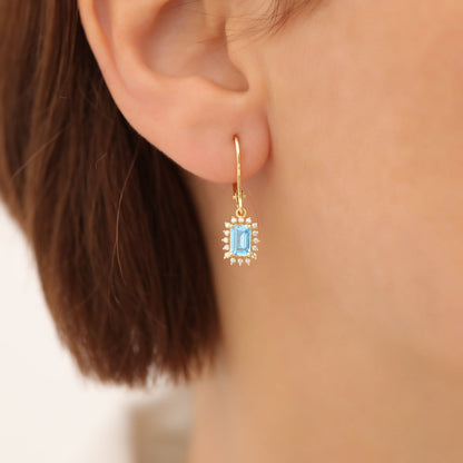 Blue Topaz Rectangle Halo Dangling Earrings surrounded by Real Diamonds in 14K Solid Gold, December Birthstone Jewelry Queen Jewelry Earrings