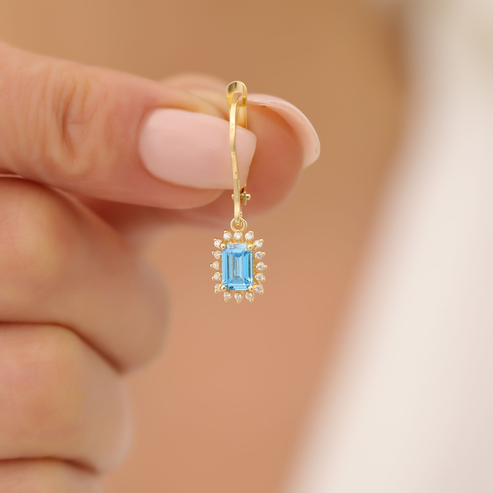 Blue Topaz Rectangle Halo Dangling Earrings surrounded by Real Diamonds in 14K Solid Gold, December Birthstone Jewelry Queen Jewelry Earrings