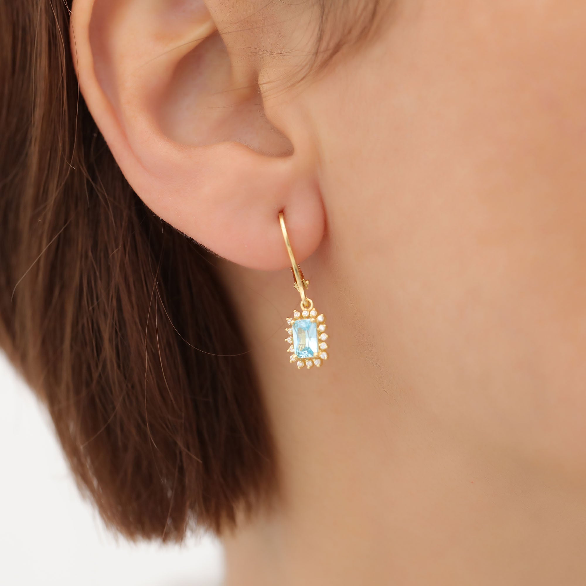 Aquamarine Rectangle Halo Dangling Earrings surrounded by Real Diamonds in 14K Solid Gold, March Birthstone Jewelry Queen Jewelry Earrings
