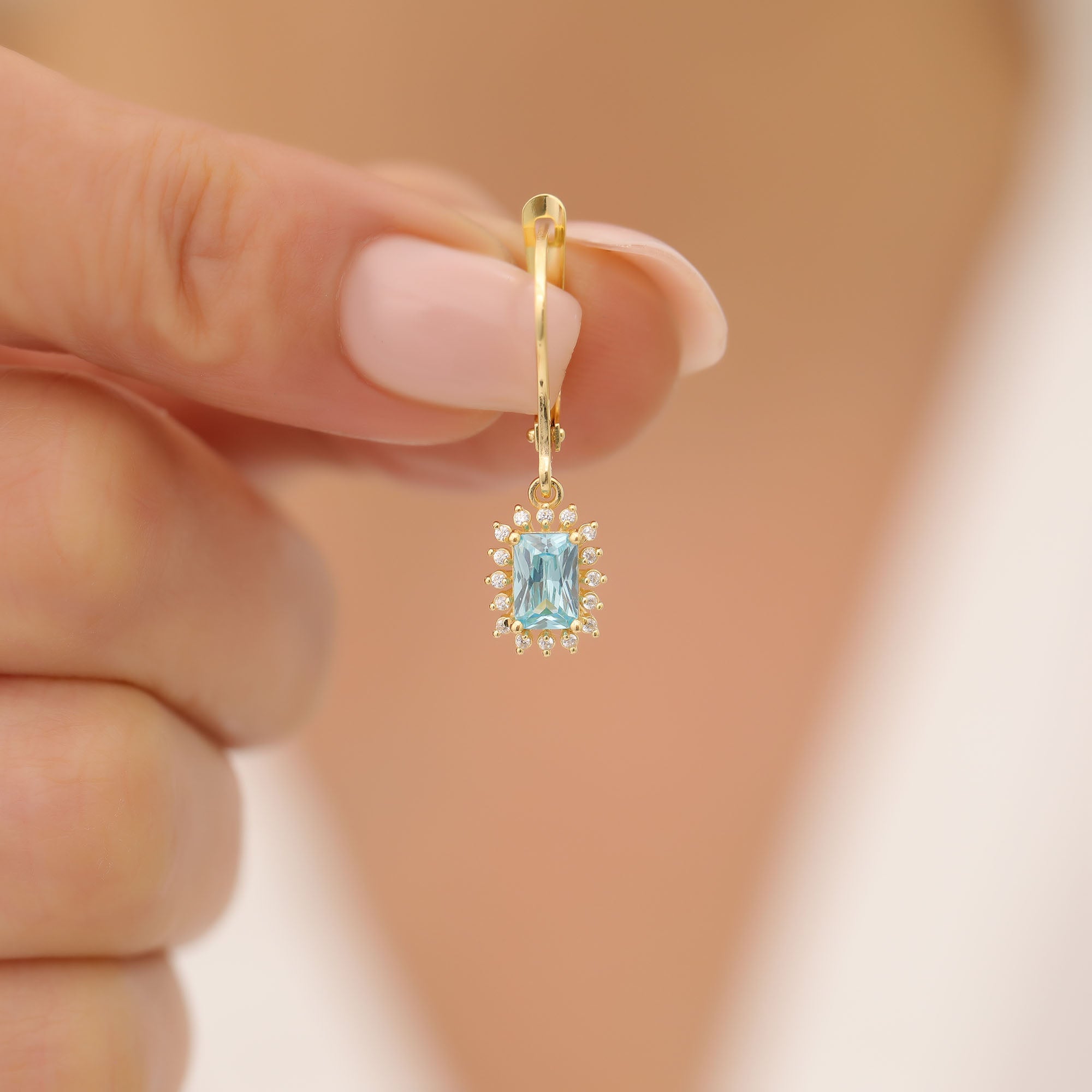 Aquamarine Rectangle Halo Dangling Earrings surrounded by Real Diamonds in 14K Solid Gold, March Birthstone Jewelry Queen Jewelry Earrings