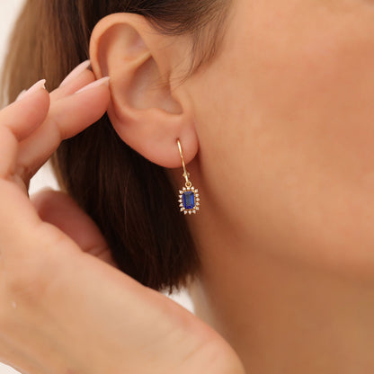 Sapphire Rectangle Halo Dangling Earrings surrounded by Real Diamonds in 14K Solid Gold, September Birthstone Jewelry Queen Jewelry Earrings