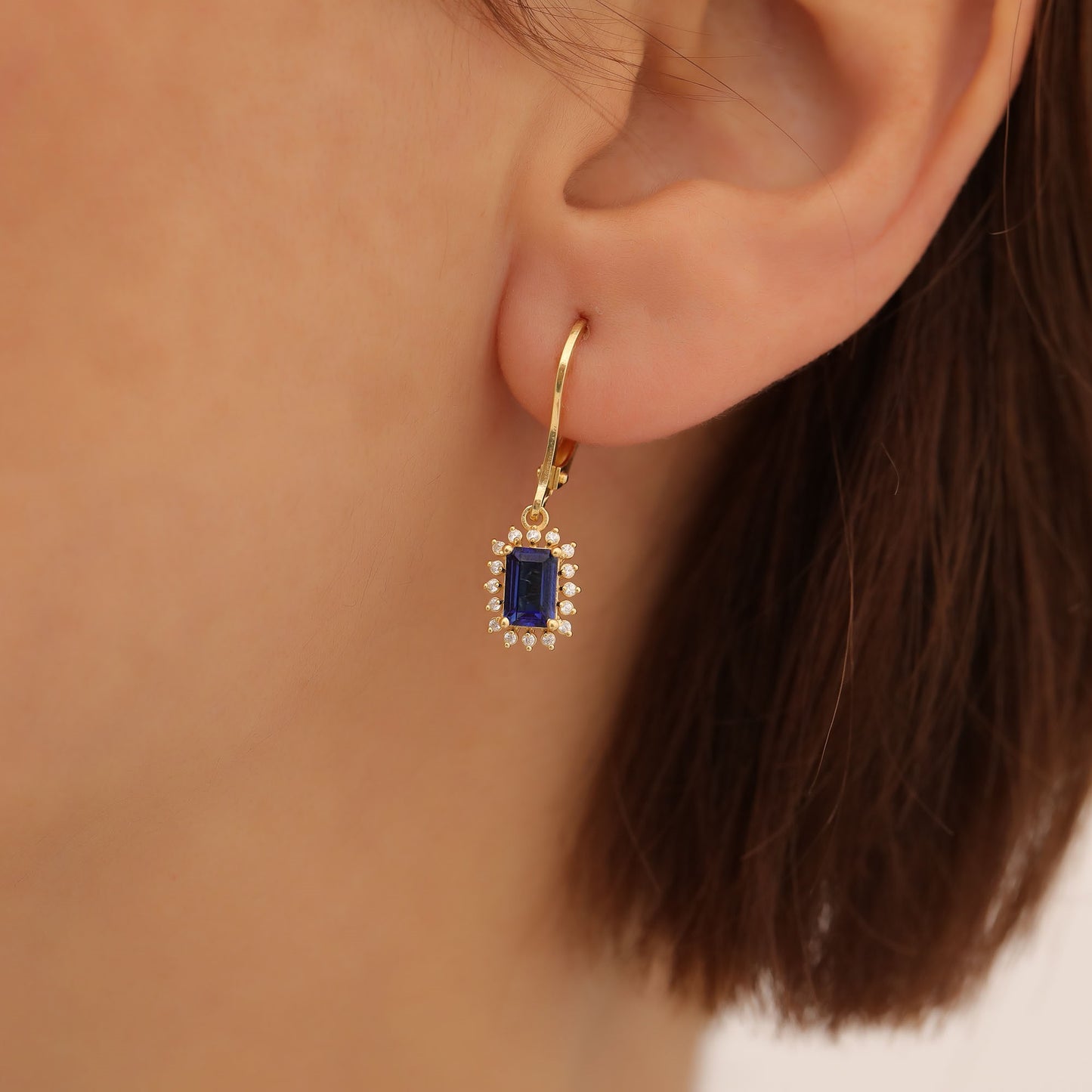 Sapphire Rectangle Halo Dangling Earrings surrounded by Real Diamonds in 14K Solid Gold, September Birthstone Jewelry Queen Jewelry Earrings