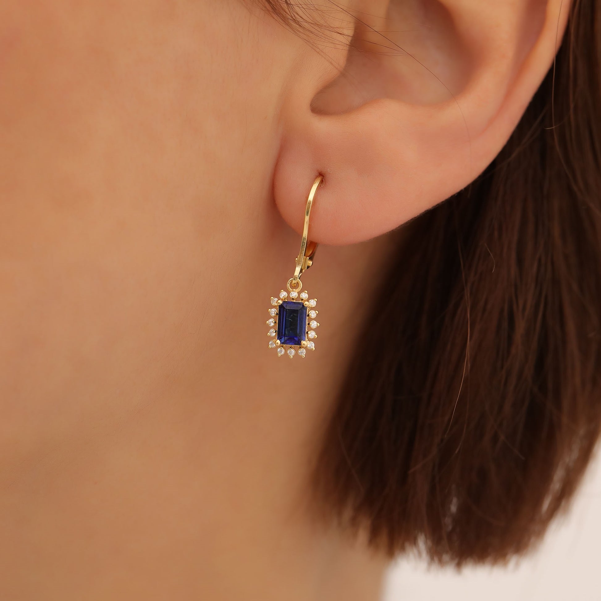 Sapphire Rectangle Halo Dangling Earrings surrounded by Real Diamonds in 14K Solid Gold, September Birthstone Jewelry Queen Jewelry Earrings
