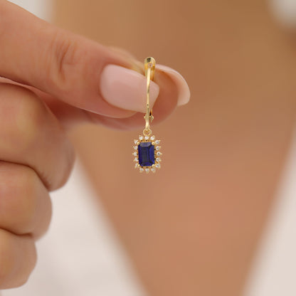 Sapphire Rectangle Halo Dangling Earrings surrounded by Real Diamonds in 14K Solid Gold, September Birthstone Jewelry Queen Jewelry Earrings
