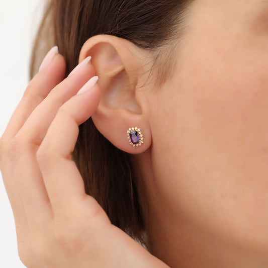 Amethyst Rectangle Halo Stud Earrings surrounded by Real Diamonds in 10K/14K Solid Gold, February Birthstone Jewelry