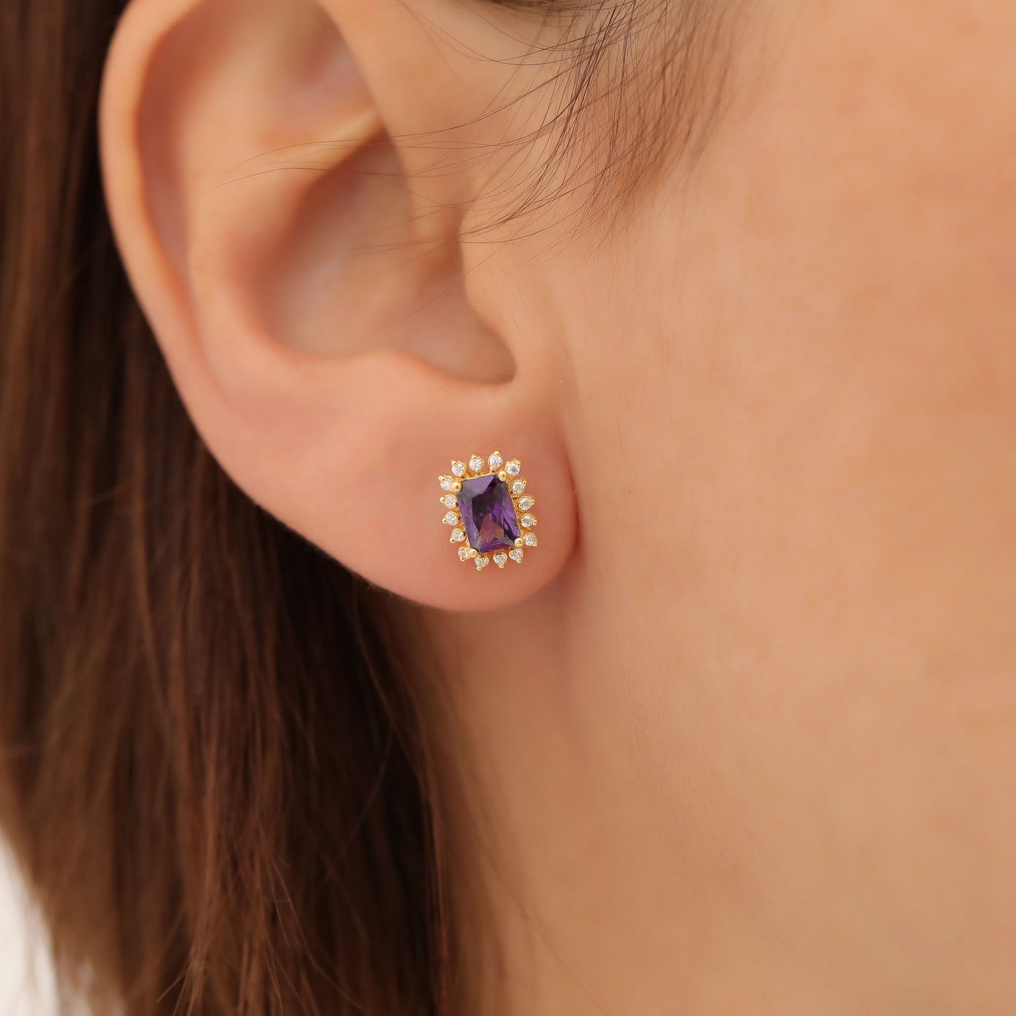 Amethyst Rectangle Halo Stud Earrings surrounded by Real Diamonds in 10K/14K Solid Gold, February Birthstone Jewelry