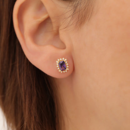 Amethyst Rectangle Halo Stud Earrings surrounded by Real Diamonds in 10K/14K Solid Gold, February Birthstone Jewelry