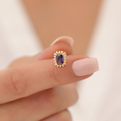 Amethyst Rectangle Halo Stud Earrings surrounded by Real Diamonds in 10K/14K Solid Gold, February Birthstone Jewelry