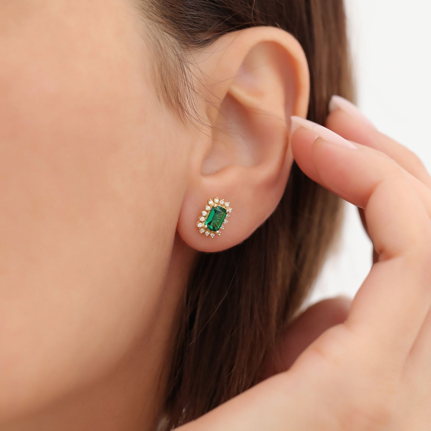 Emerald Rectangle Halo Stud Earrings surrounded by Real Diamonds in 10K/14K Solid Gold, May Birthstone Jewelry