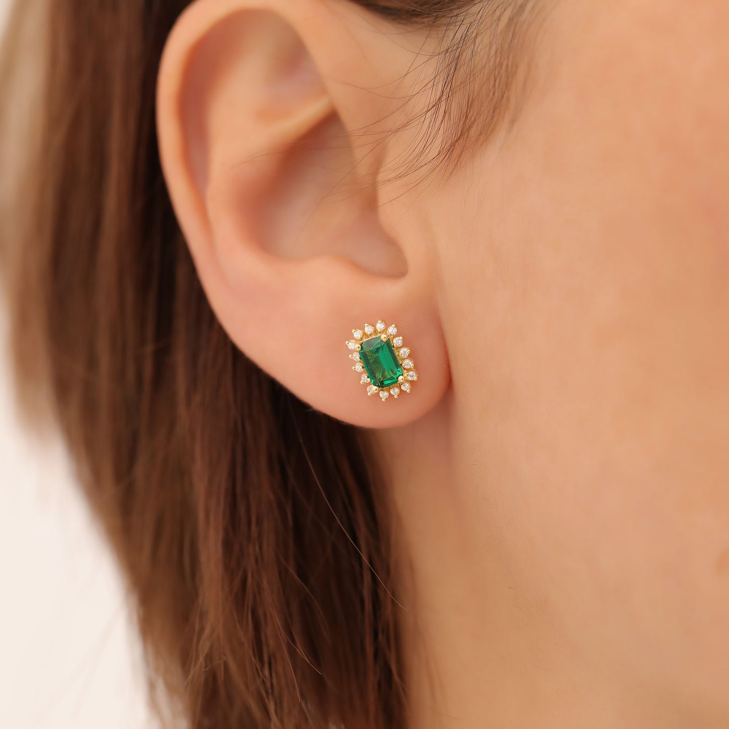 Emerald Rectangle Halo Stud Earrings surrounded by Real Diamonds in 10K/14K Solid Gold, May Birthstone Jewelry