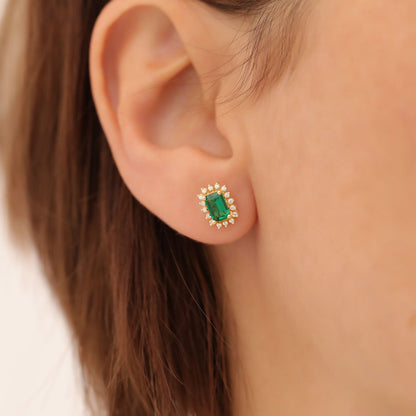 Emerald Rectangle Halo Stud Earrings surrounded by Real Diamonds in 10K/14K Solid Gold, May Birthstone Jewelry