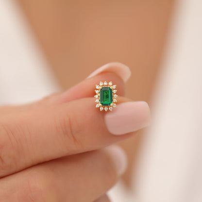 Emerald Rectangle Halo Stud Earrings surrounded by Real Diamonds in 10K/14K Solid Gold, May Birthstone Jewelry