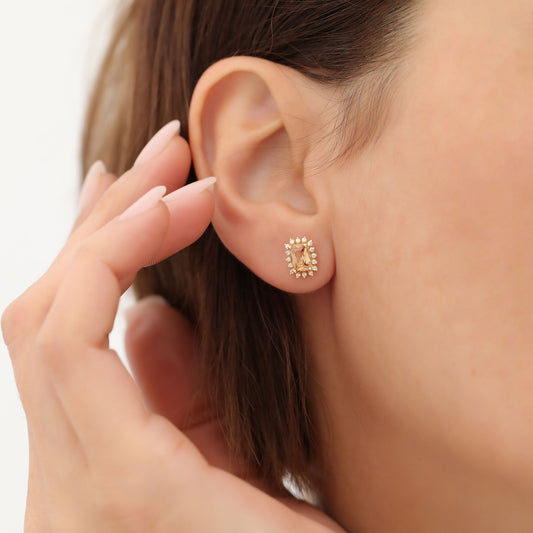 Citrine Rectangle Halo Stud Earrings surrounded by Real Diamonds in 10K/14K Solid Gold, November Birthstone Jewelry