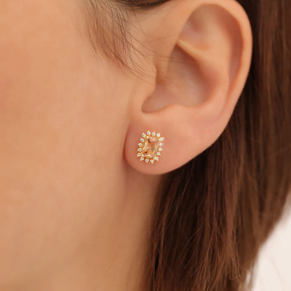 Citrine Rectangle Halo Stud Earrings surrounded by Real Diamonds in 10K/14K Solid Gold, November Birthstone Jewelry