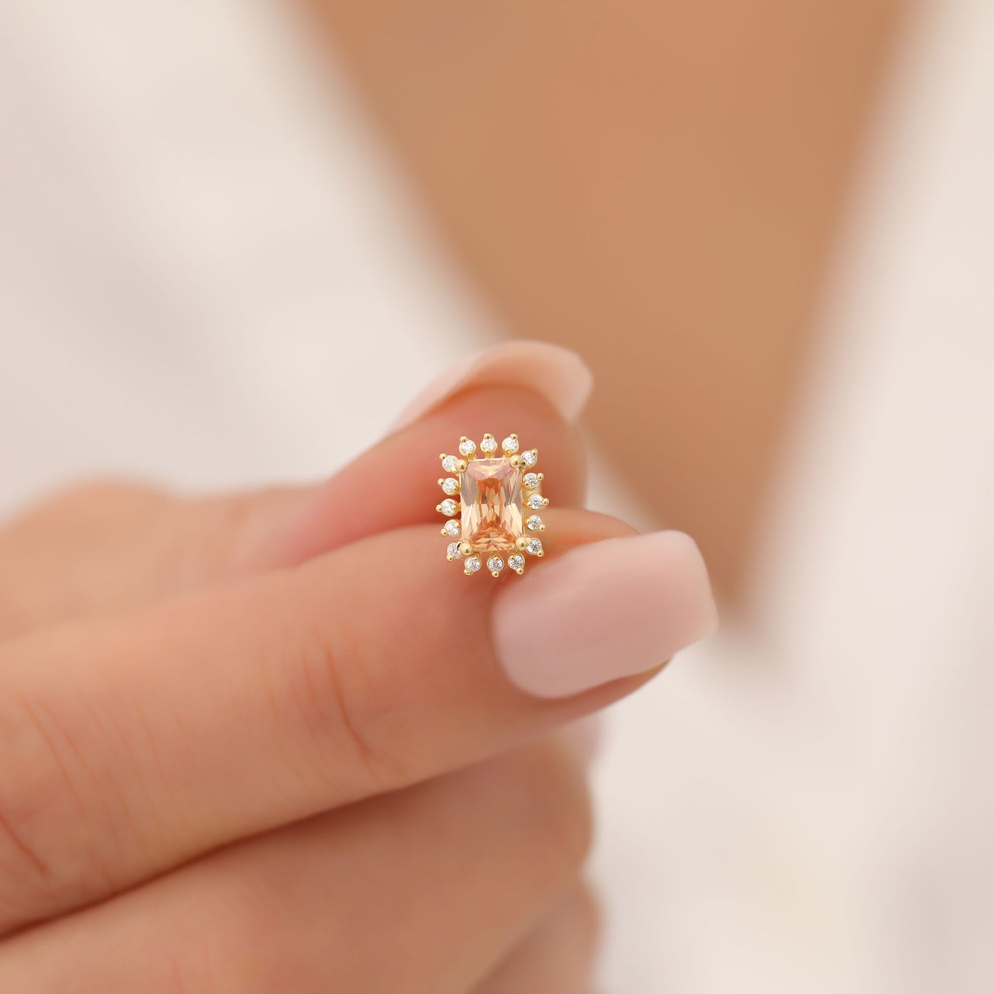 Citrine Rectangle Halo Stud Earrings surrounded by Real Diamonds in 10K/14K Solid Gold, November Birthstone Jewelry