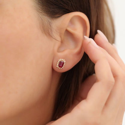 Ruby Rectangle Halo Stud Earrings surrounded by Real Diamonds in 10K/14K Solid Gold, July  Birthstone Jewelry