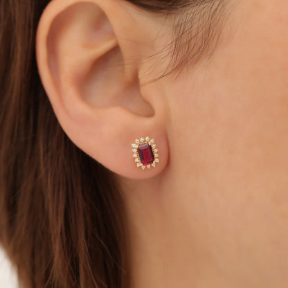 Ruby Rectangle Halo Stud Earrings surrounded by Real Diamonds in 10K/14K Solid Gold, July  Birthstone Jewelry