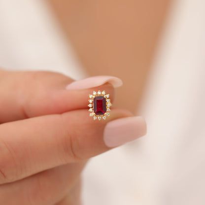 Ruby Rectangle Halo Stud Earrings surrounded by Real Diamonds in 10K/14K Solid Gold, July  Birthstone Jewelry