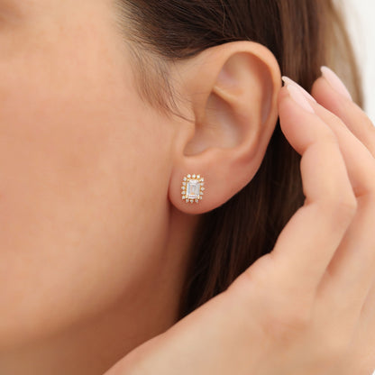 White Topaz Rectangle Halo Stud Earrings surrounded by Real Diamonds in 10K/14K Solid Gold, April Birthstone Jewelry