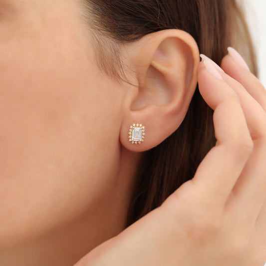 White Topaz Rectangle Halo Stud Earrings surrounded by Real Diamonds in 10K/14K Solid Gold, April Birthstone Jewelry