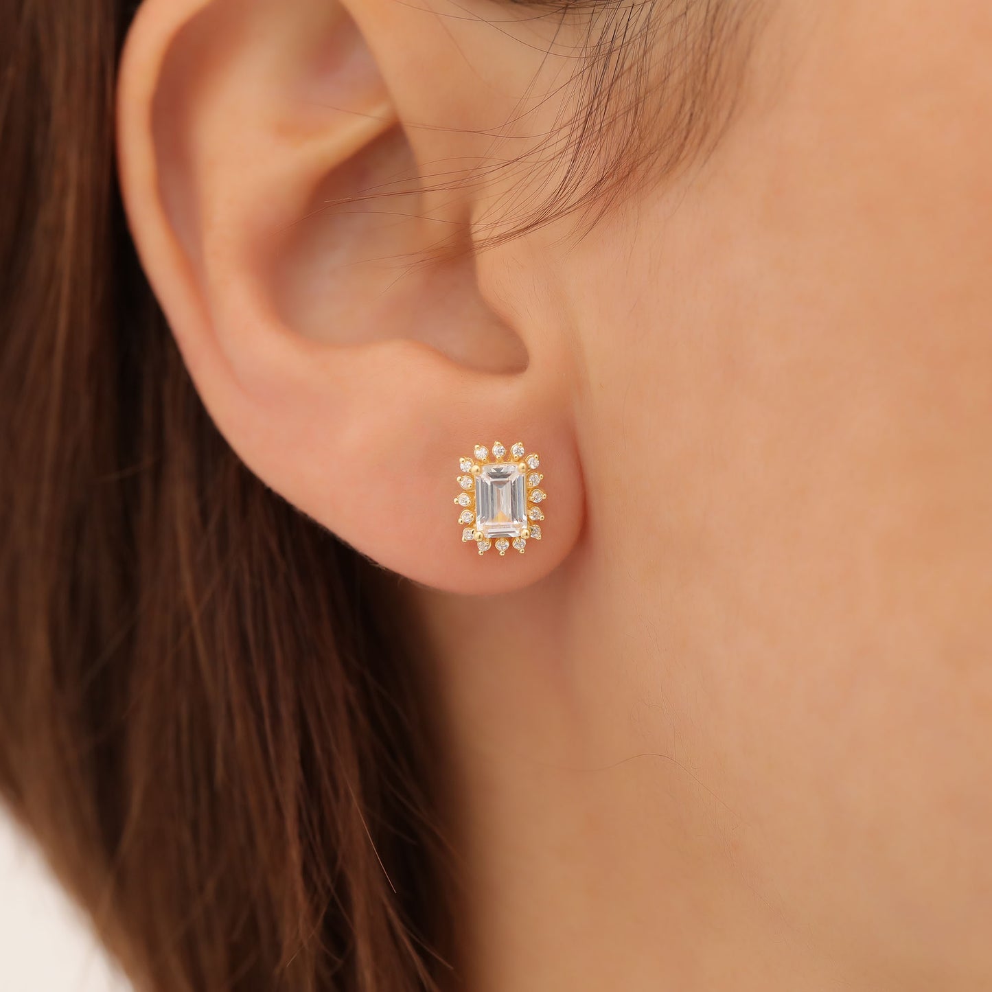 White Topaz Rectangle Halo Stud Earrings surrounded by Real Diamonds in 10K/14K Solid Gold, April Birthstone Jewelry