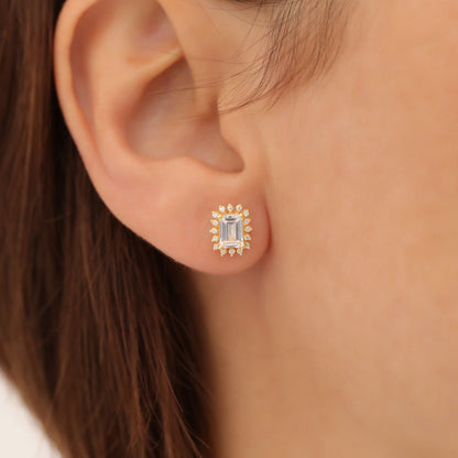 White Topaz Rectangle Halo Stud Earrings surrounded by Real Diamonds in 10K/14K Solid Gold, April Birthstone Jewelry
