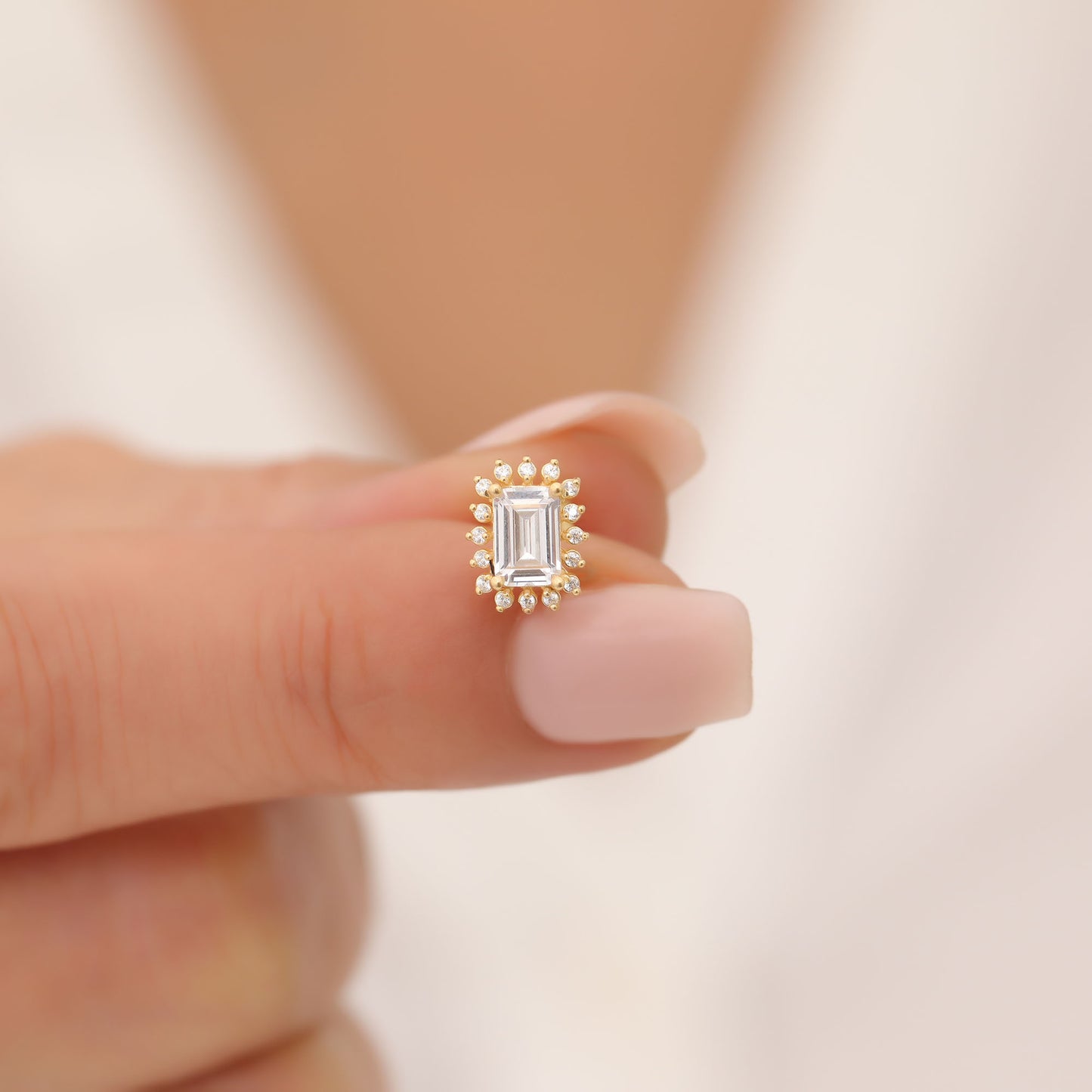 White Topaz Rectangle Halo Stud Earrings surrounded by Real Diamonds in 10K/14K Solid Gold, April Birthstone Jewelry