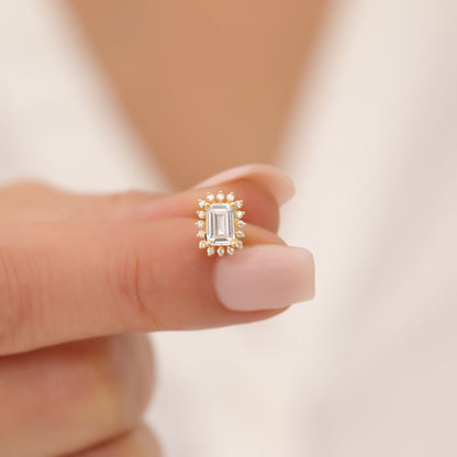 White Topaz Rectangle Halo Stud Earrings surrounded by Real Diamonds in 10K/14K Solid Gold, April Birthstone Jewelry
