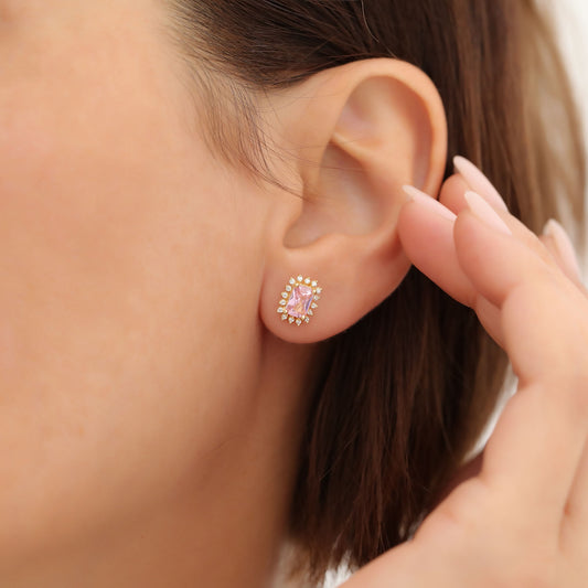 Pink Tourmaline Rectangle Halo Stud Earrings surrounded by Real Diamonds in 10K/14K Solid Gold, October Birthstone Jewelry