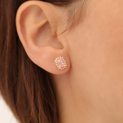 Pink Tourmaline Rectangle Halo Stud Earrings surrounded by Real Diamonds in 10K/14K Solid Gold, October Birthstone Jewelry