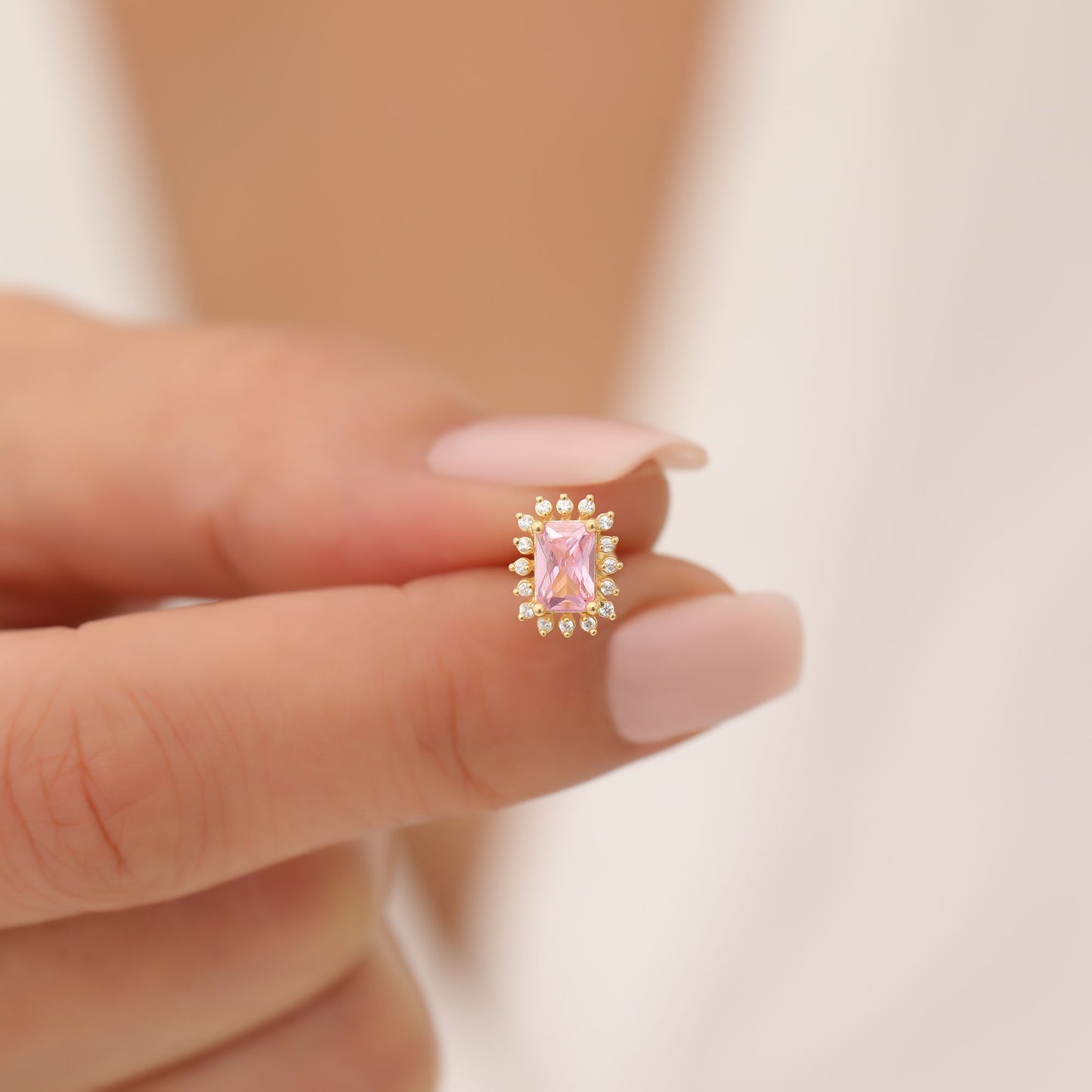 Pink Tourmaline Rectangle Halo Stud Earrings surrounded by Real Diamonds in 10K/14K Solid Gold, October Birthstone Jewelry