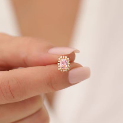 Pink Tourmaline Rectangle Halo Stud Earrings surrounded by Real Diamonds in 10K/14K Solid Gold, October Birthstone Jewelry