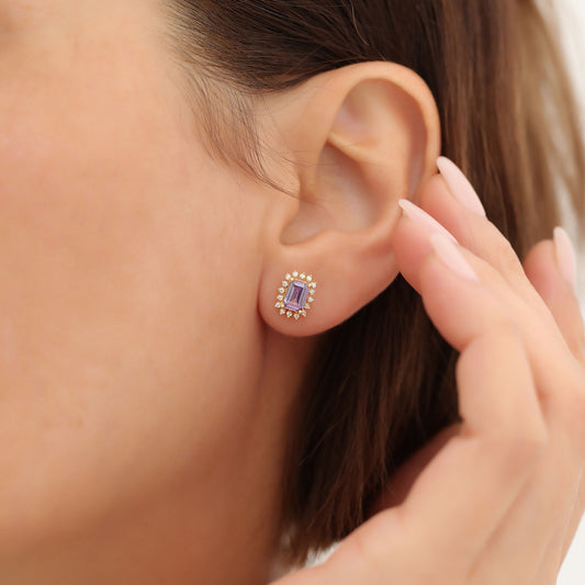 Alexandrite Rectangle Halo Stud Earrings surrounded by Real Diamonds in 10K/14K Solid Gold, June Birthstone Jewelry