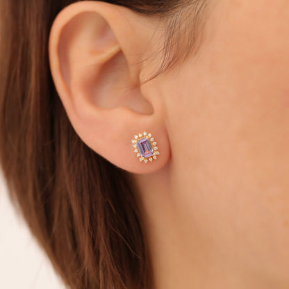 Alexandrite Rectangle Halo Stud Earrings surrounded by Real Diamonds in 10K/14K Solid Gold, June Birthstone Jewelry